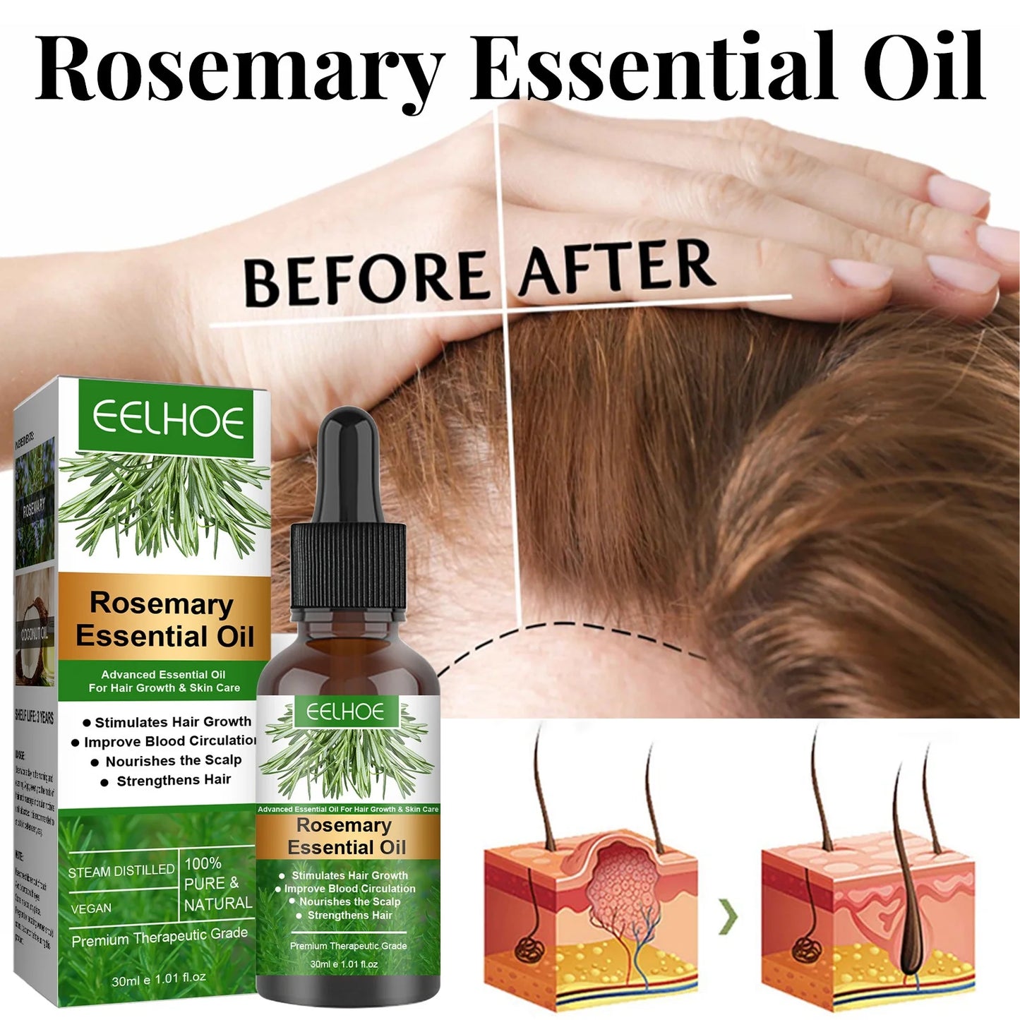 2 Pack Rosemary Oil for Hair Growth & Skin Care,Organic Rosemary , Natural Rosemary Oil for Hair Loss Treatment, Stimulates Hair Growth, Scalp Massager